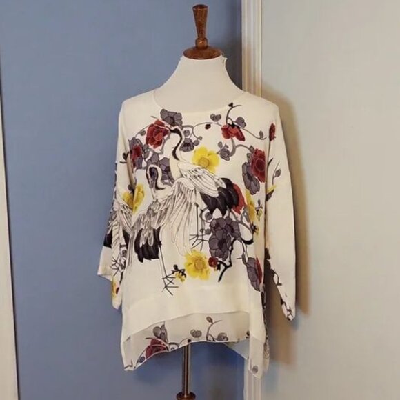 CITRON Top Blouse Silk Ivory Floral Yellow Black Small Layered Crane Birds - Picture 1 of 5
